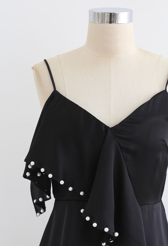 Pearl Trims Ruffle Asymmetric Cami Dress