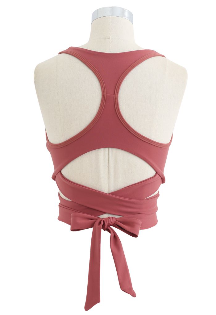Bowknot I-Shaped Back Low-Impact Sports Bra in Rust Red