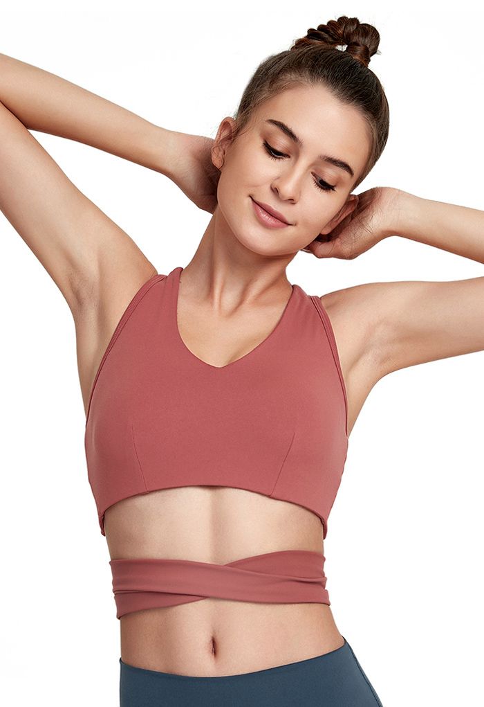 Bowknot I-Shaped Back Low-Impact Sports Bra in Rust Red
