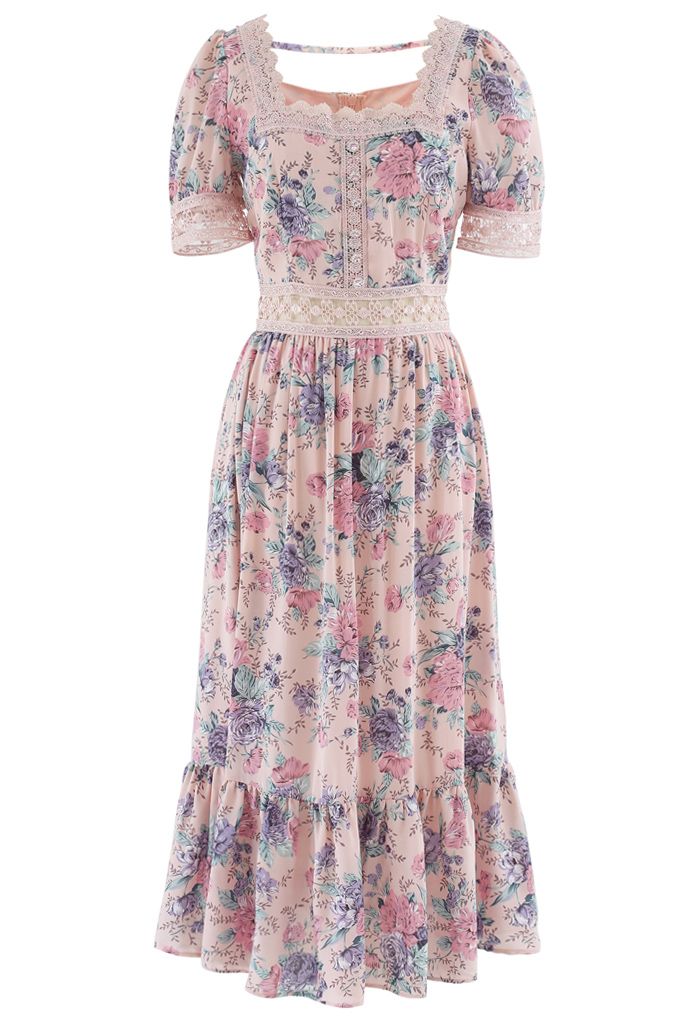 Crystal Button Crochet Floral Square Neck Dress in Pink