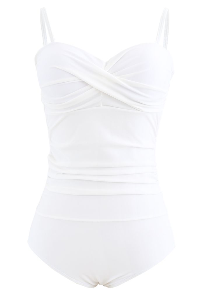 褶飾連體泳衣--白色