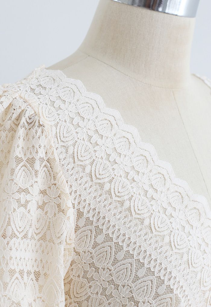 V-Neck Full Lace Neutral Cream Top
