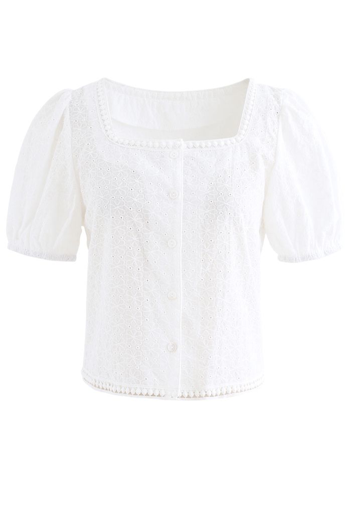 Square Neck Button Down Embroidered Crop Top