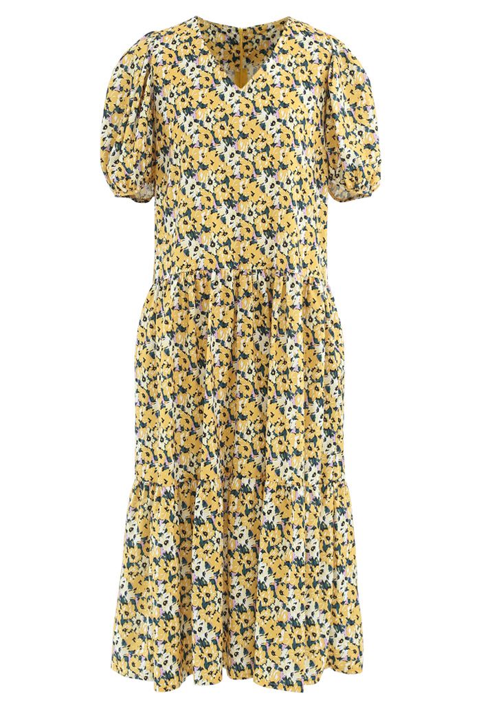 Yellow Flower Puff Sleeve Frilling Midi Dress