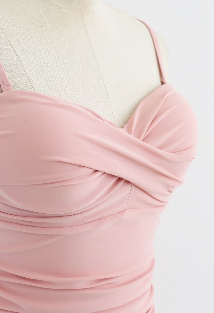 褶飾連體泳衣--粉色