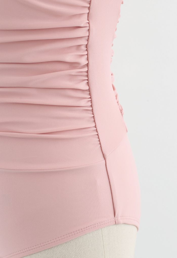 褶飾連體泳衣--粉色