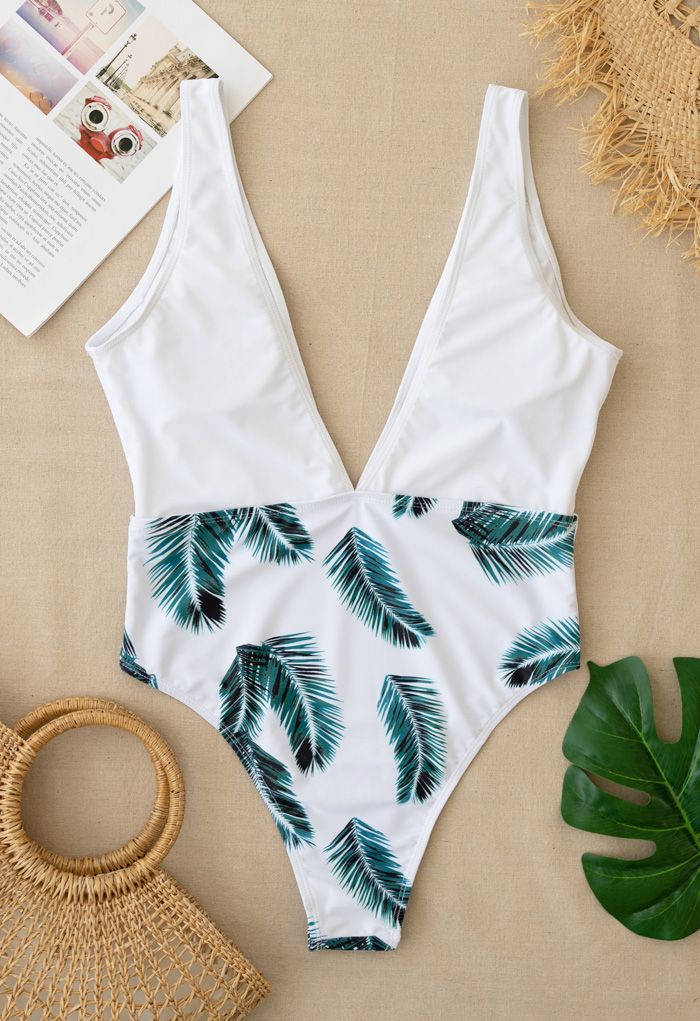 Palm Print Deep V-Neck One-Piece Swimsuit