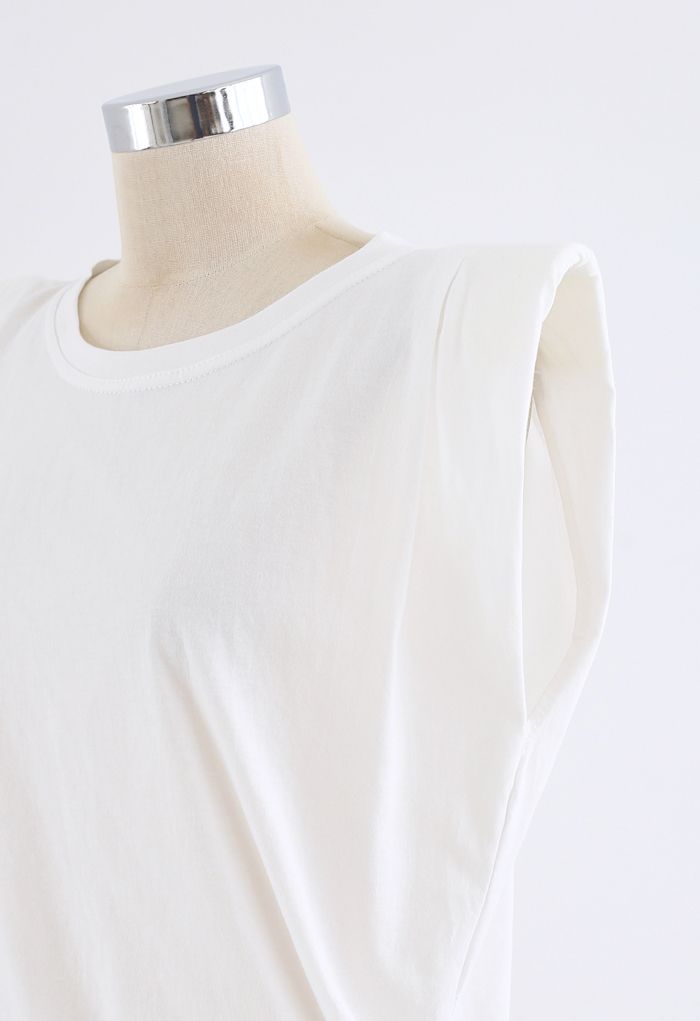 Knot Side Padded Shoulder Sleeveless Top in White