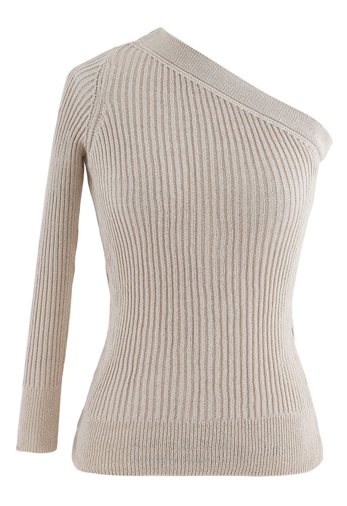 Fitted One Shoulder Ribbed Knit Top in Sand
