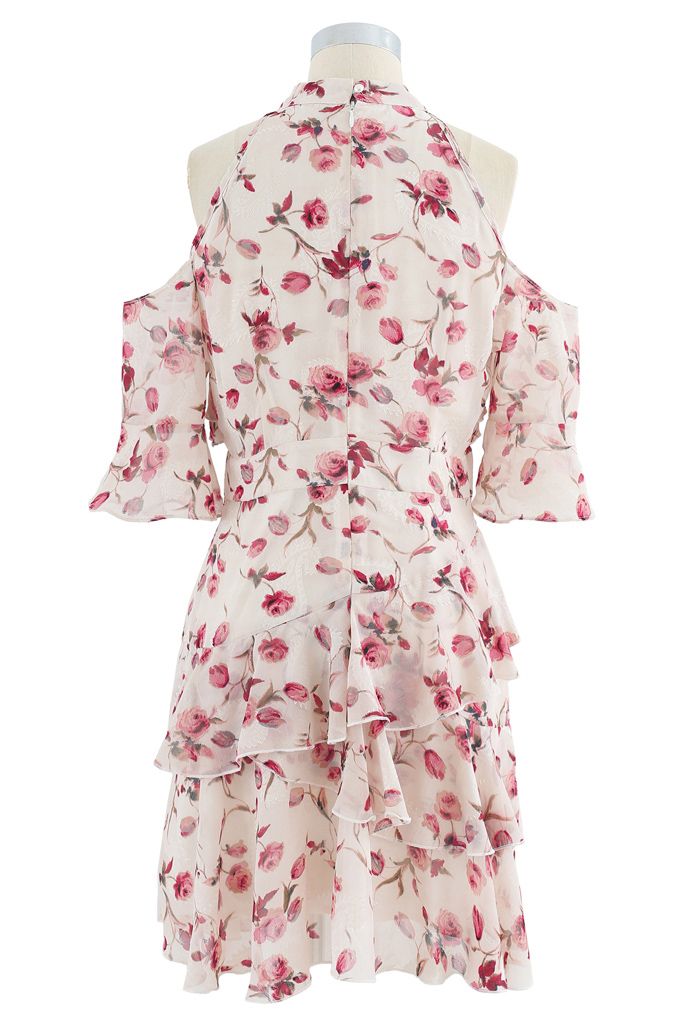 Cold-Shoulder Rose Print Jacquard Halter Dress