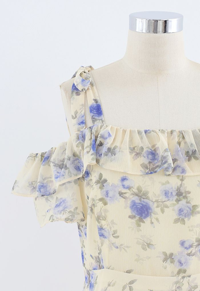 Cold-Shoulder Floral Ruffle Chiffon Midi Dress