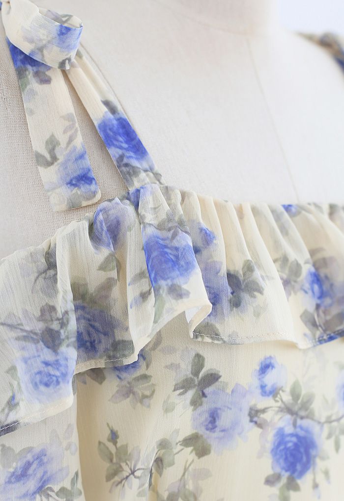Cold-Shoulder Floral Ruffle Chiffon Midi Dress