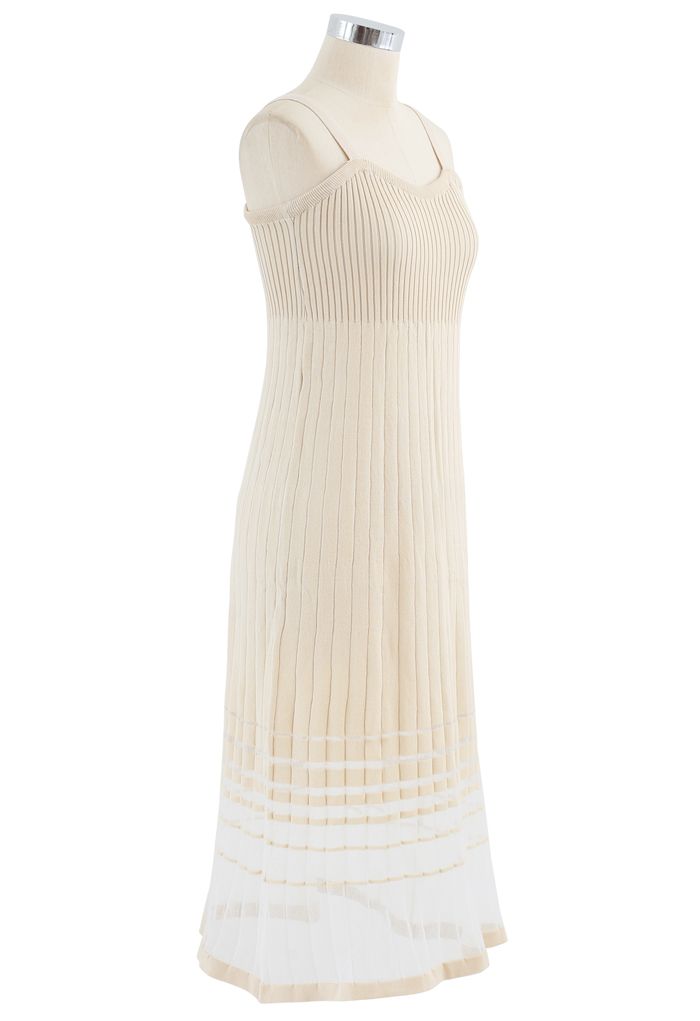 Striped Mesh Spliced Hem Knit Cami Dress in Cream