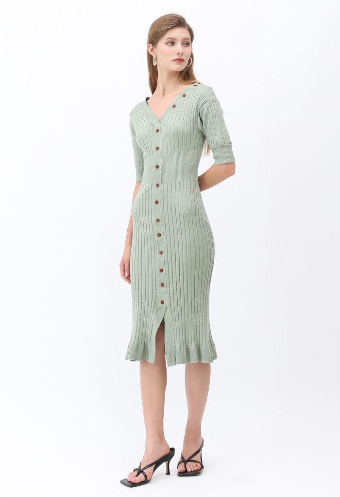 V-Neck Ruffle Button Trim Ribbed Knit Midi Dress in Pea Green