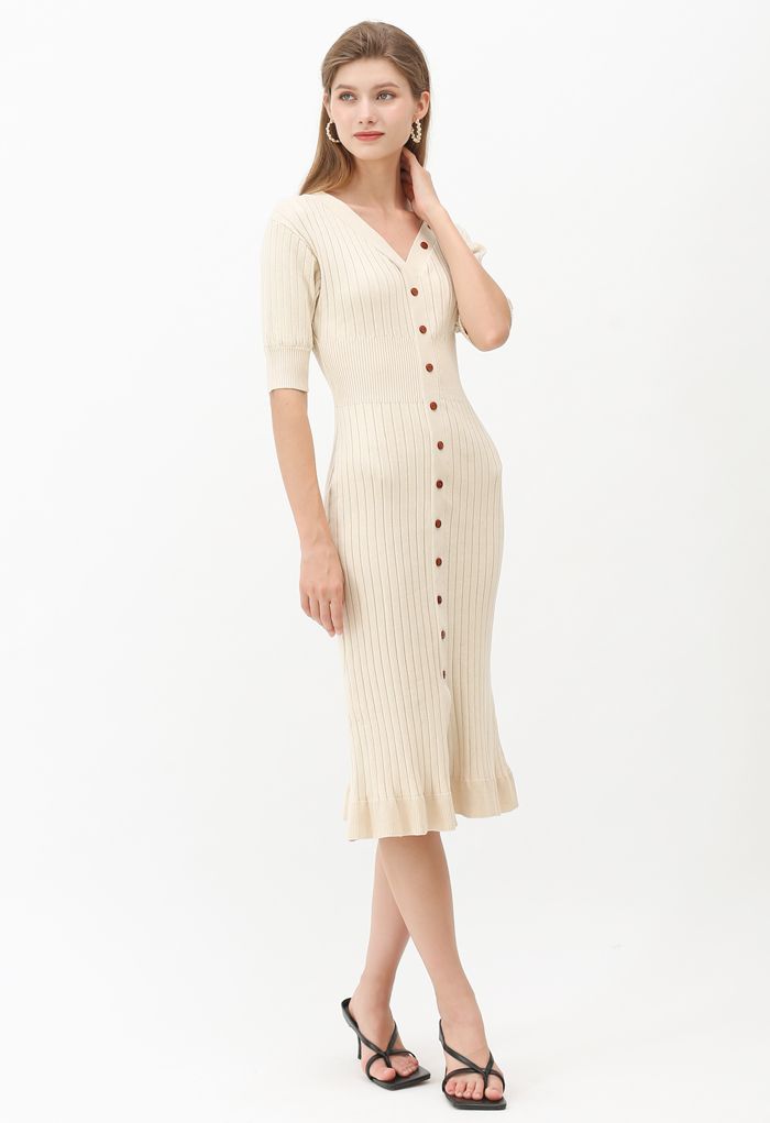 V-Neck Ruffle Button Trim Ribbed Knit Midi Dress in Cream