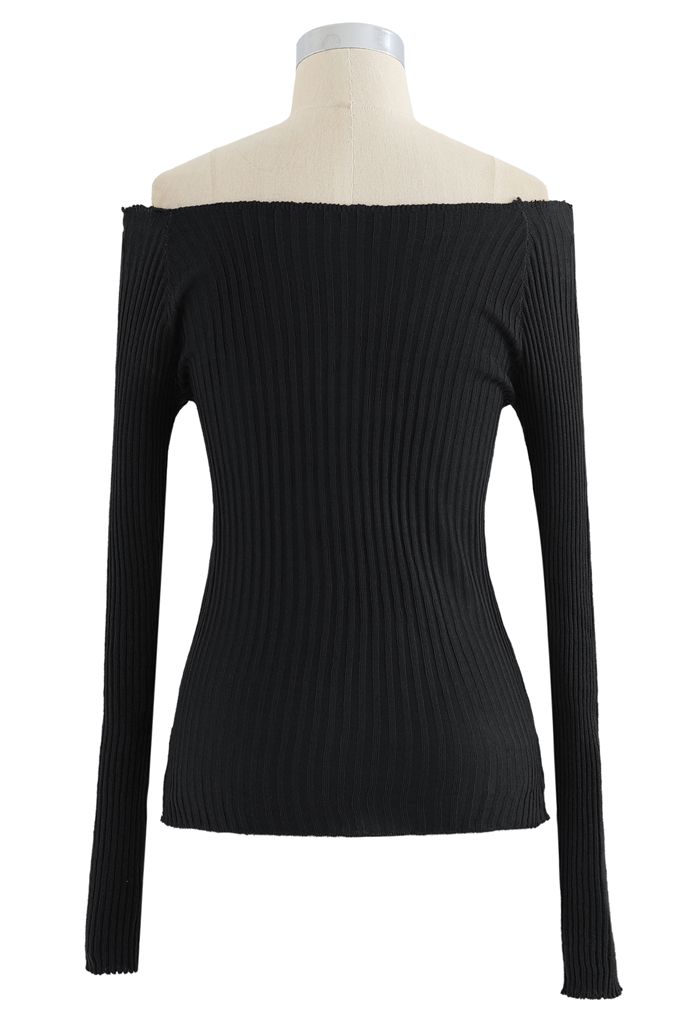 Fitted Off-Shoulder Ribbed Knit Top in Black