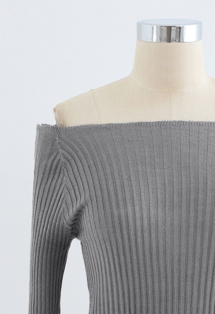 Fitted Off-Shoulder Ribbed Knit Top in Grey
