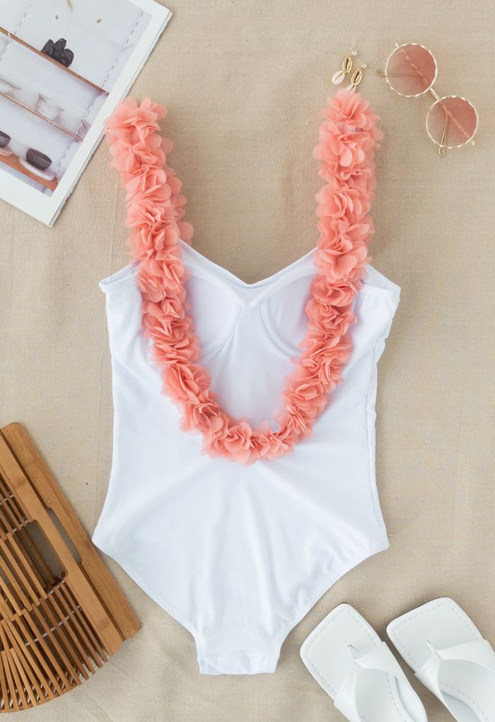 3D Floral Straps Scoop Back Swimsuit in White