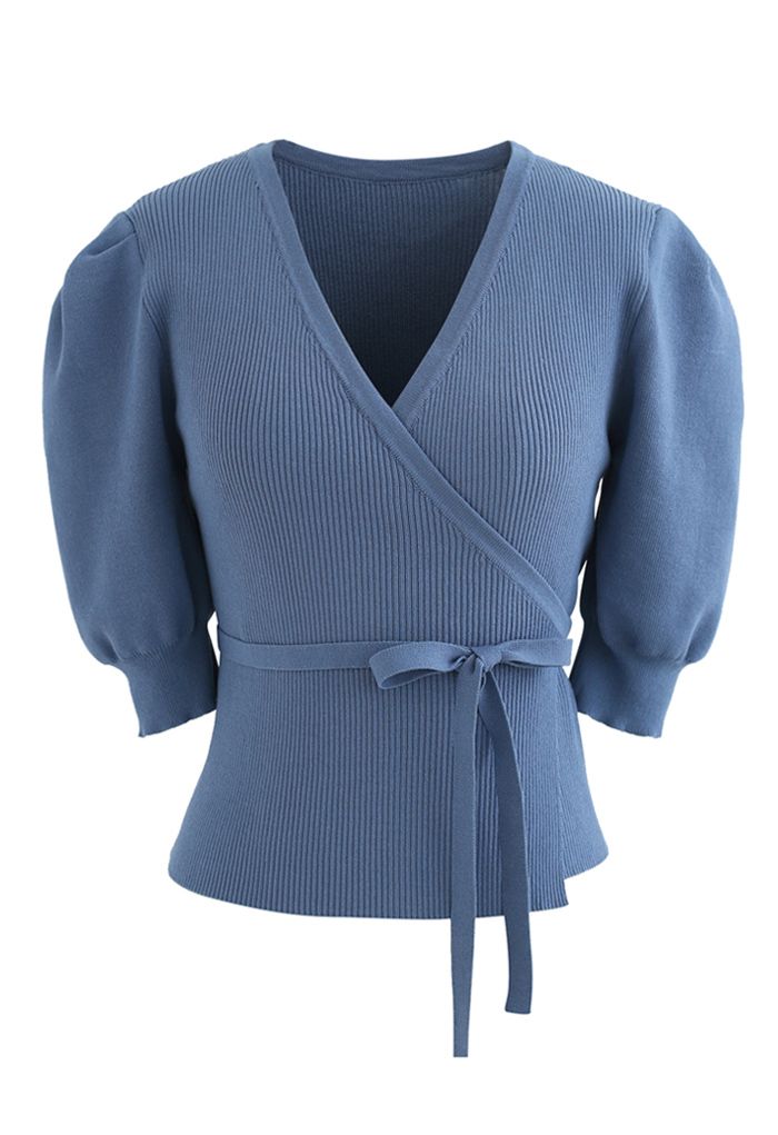 Bubble-Sleeve Wrapped Ribbed Knit Top in Blue
