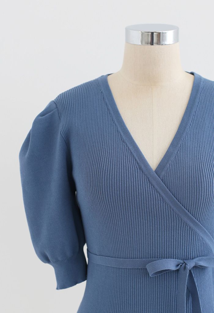Bubble-Sleeve Wrapped Ribbed Knit Top in Blue