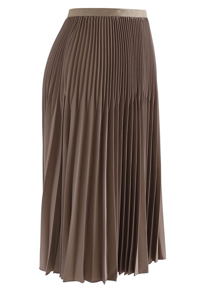 Solid Color Pleated A-Line Midi Skirt in Taupe