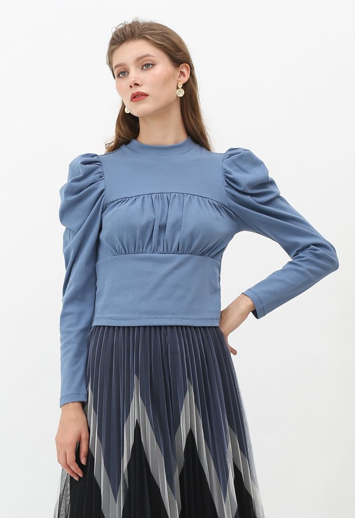 Bubble-Sleeve Shirred Fitted Top in Blue