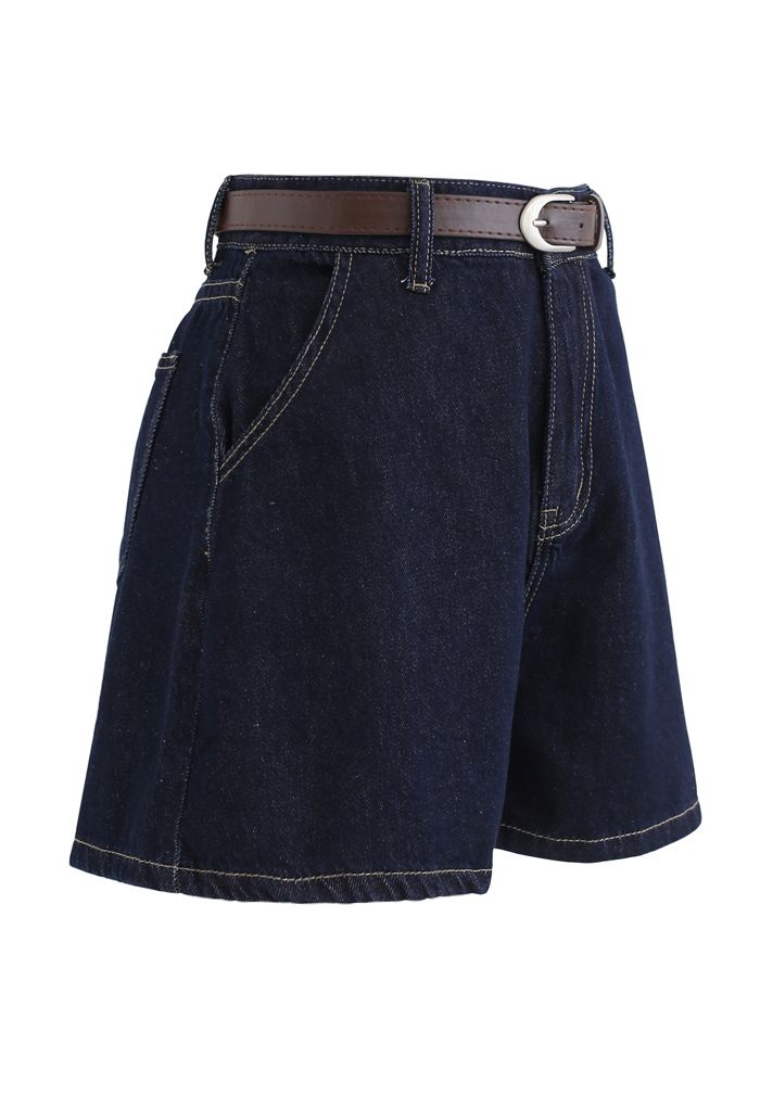 Navy Denim High-Waist Mom Shorts with Belt
