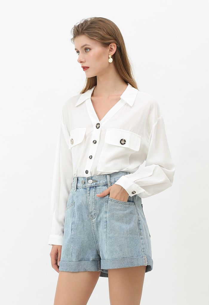 Flap Pockets Button Down Shirt in White