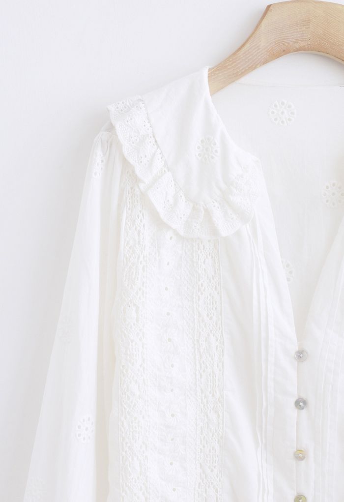 Shell Button V-Neck Embroidered Eyelet Top