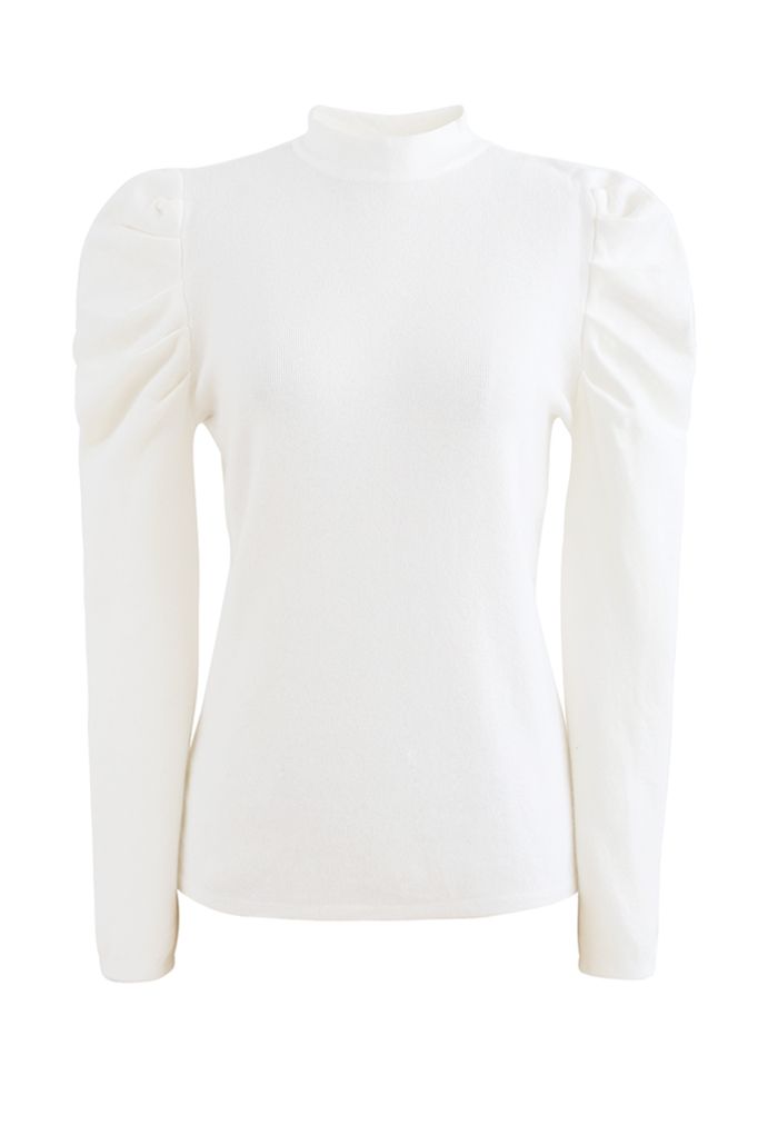 Mock Neck Bubble Sleeves Knit Top in White