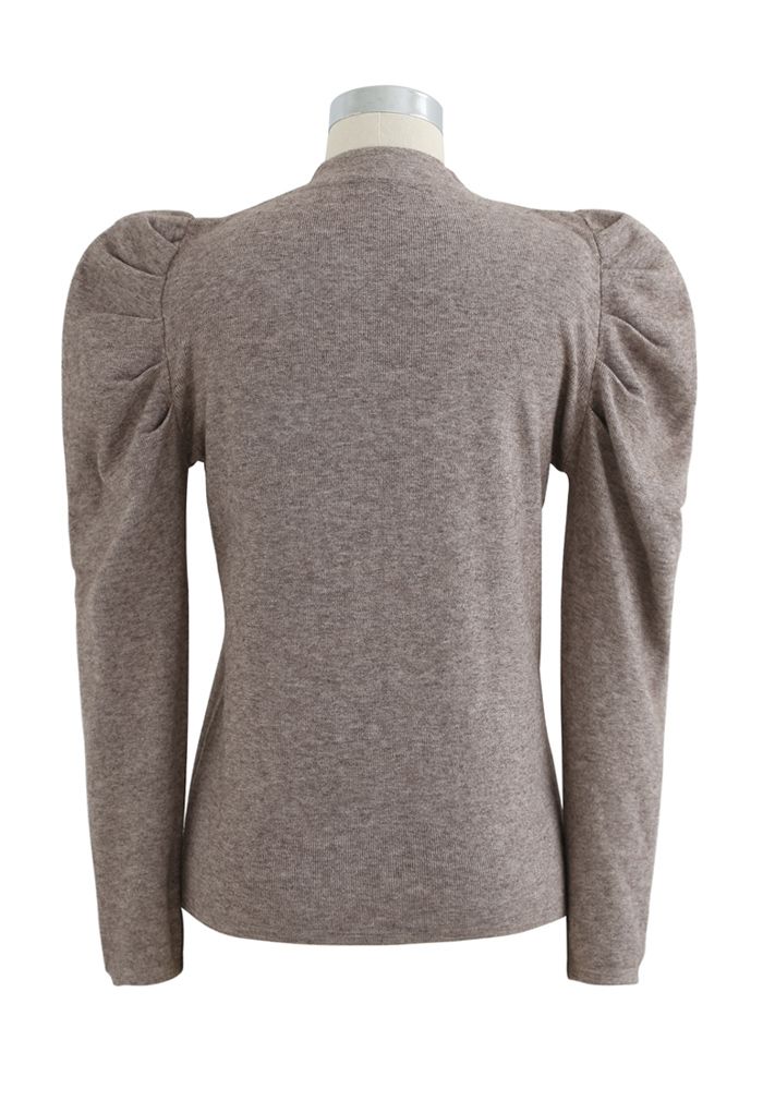 Mock Neck Bubble Sleeves Knit Top in Taupe