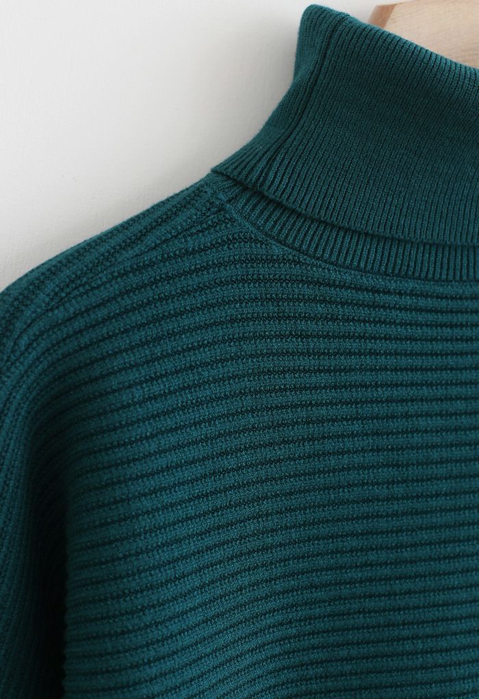 Basic Rib Knit Cowl Neck Crop Sweater in Dark Green