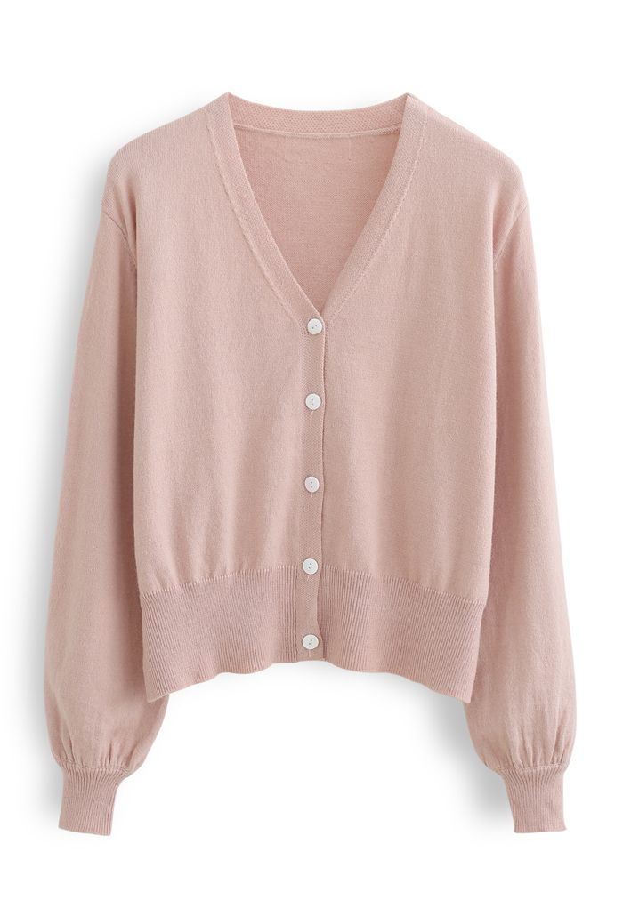 V-Neck Button Down Ribbed Knit Cardigan in Pink
