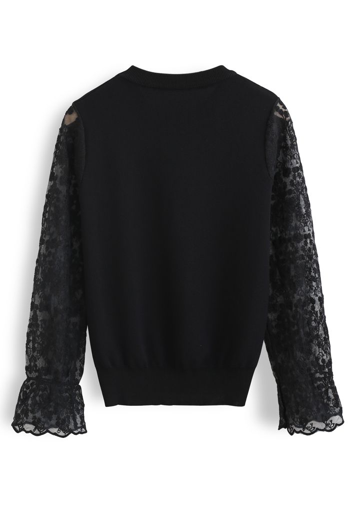 Embroidered Posy Mesh Sleeves Knit Top in Black