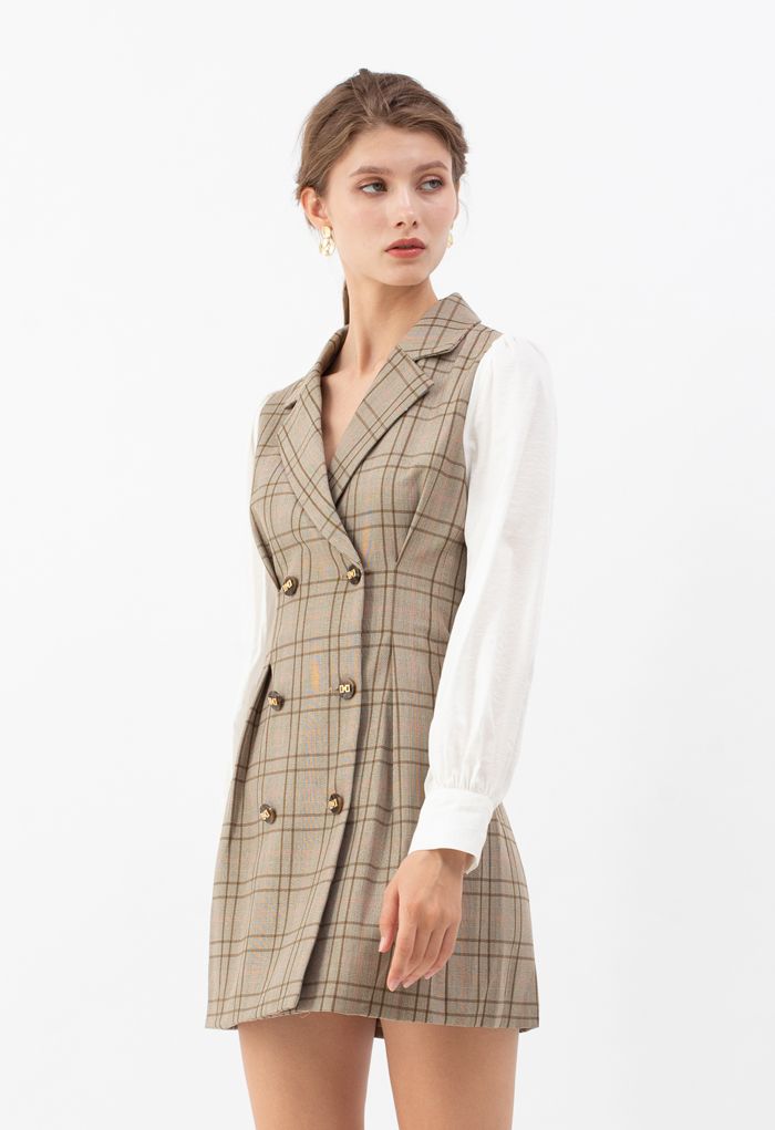 Contrast Sleeves Double-Breasted Grid Blazer Dress