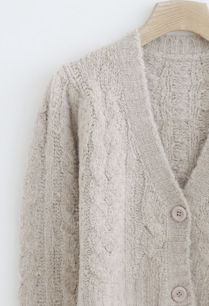 V-Neck Fuzzy Knit Crop Cardigan in Taupe
