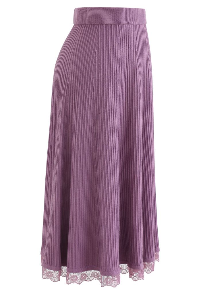 A-Line Lace Hem Knit Skirt in Purple
