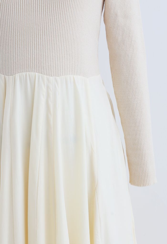 雪紡拼接針織長裙--米白色