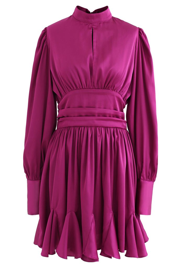 High Neck Puff Sleeves Satin Ruffle Dress in Magenta - Retro, Indie and ...