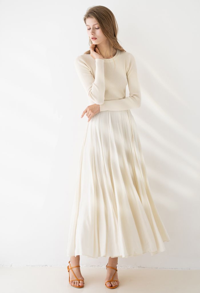 雪紡拼接針織長裙--米白色