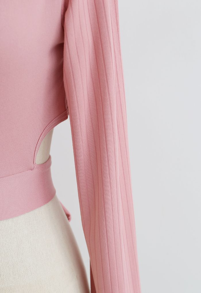 Self-Tie Waist Long Sleeves Cropped Sports Top in Pink