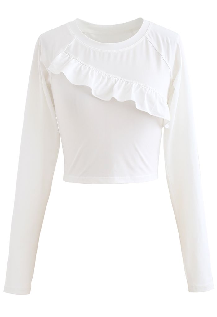Ruffle Front Cropped Sports Top in White