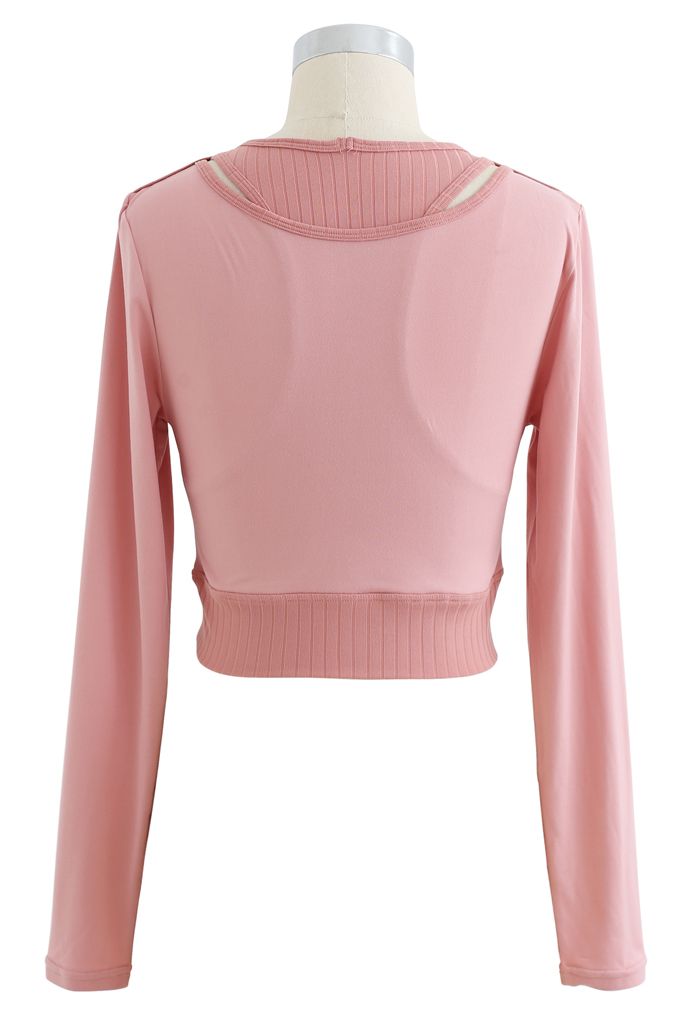 Fake Two-Piece Sleeves Cropped Sports Top in Pink