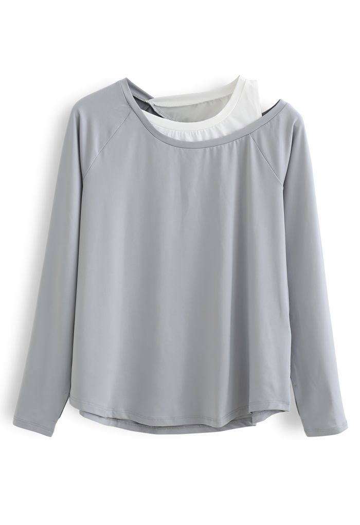 Cold Shoulder Fake Two-Piece Sports Top in Grey