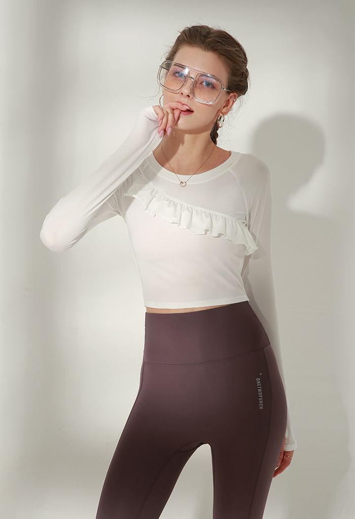 Ruffle Front Cropped Sports Top in White