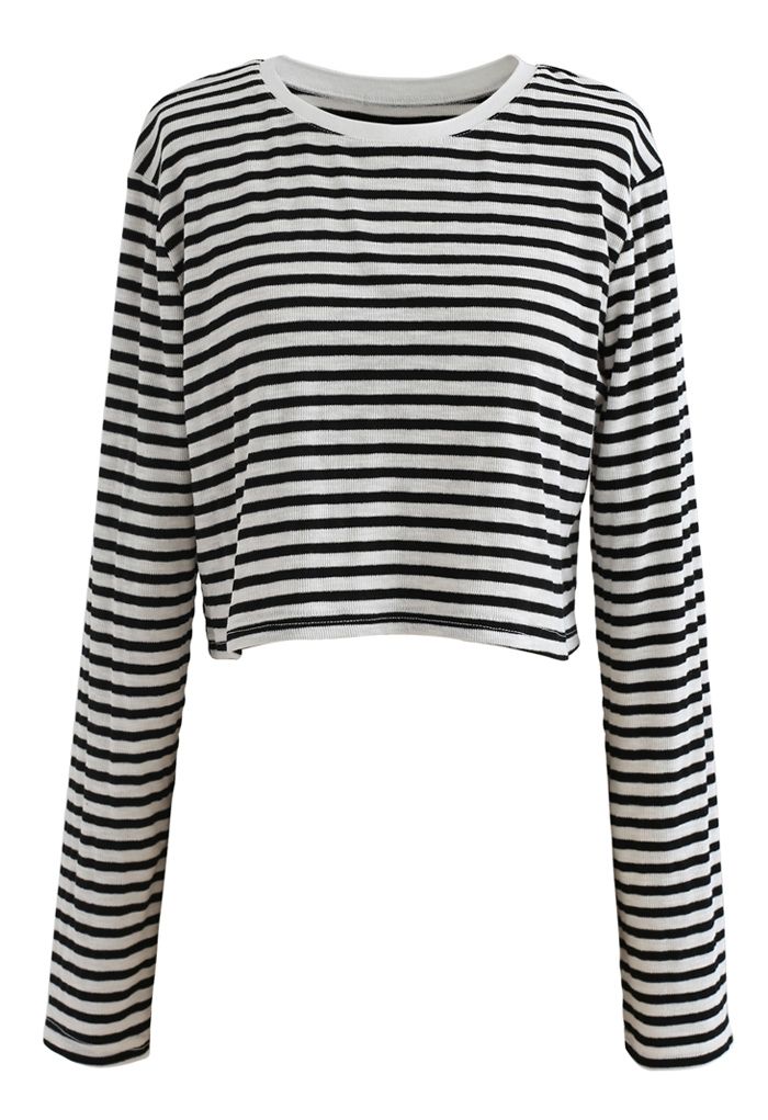 Cropped Long Sleeves Stripes Knit Top in Black