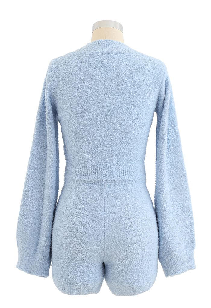 Fluffy Knit V-Neck Crop Top and Shorts Set in Blue