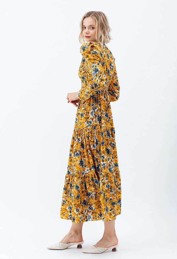 V-Neck Puff Shoulders Floral Maxi Dress in Mustard