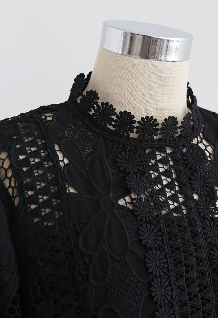 Panelled Sunflower Crochet Crop Top in Black