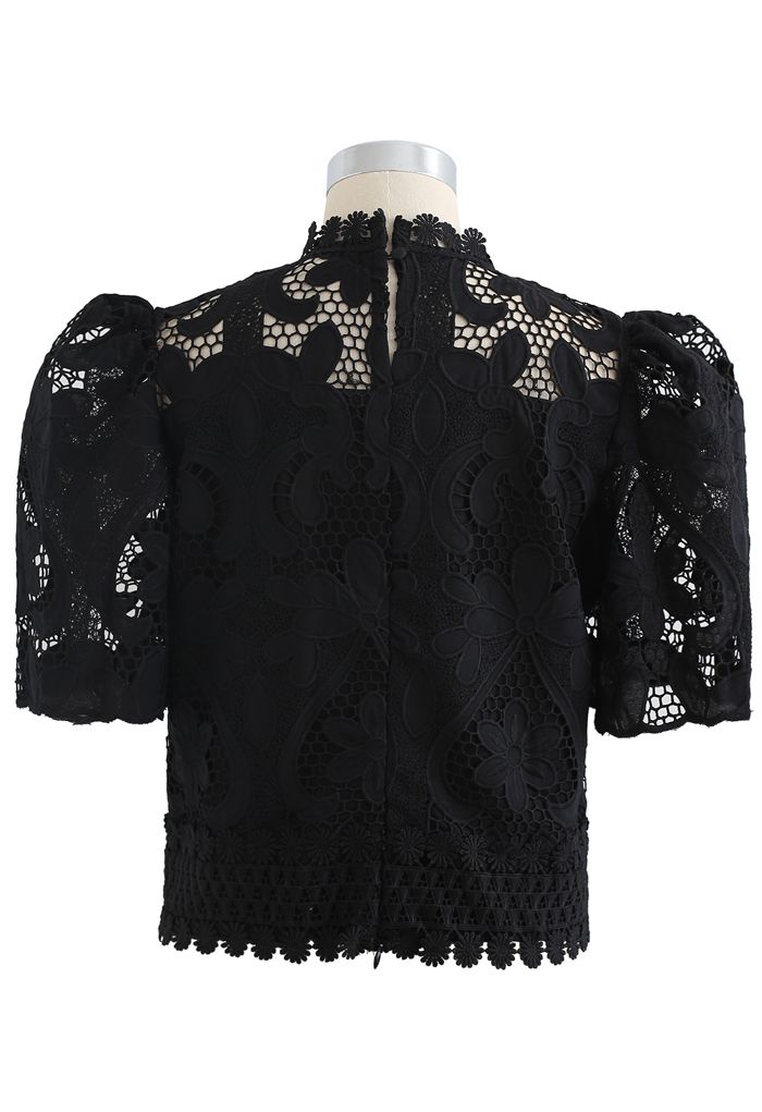 Panelled Sunflower Crochet Crop Top in Black